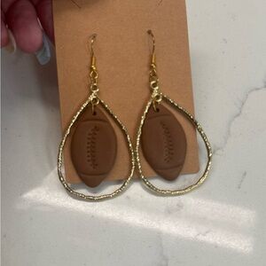 Gold Teardrop Earrings with Brown Football Accent
